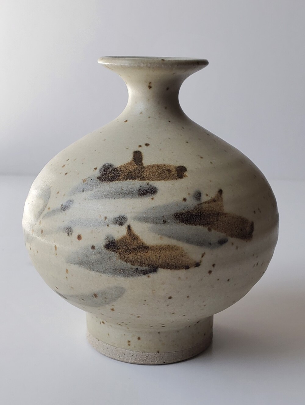 Signed Studio Pottery Footed Vase Speckled Glaze Brushwork Wabi Sabi